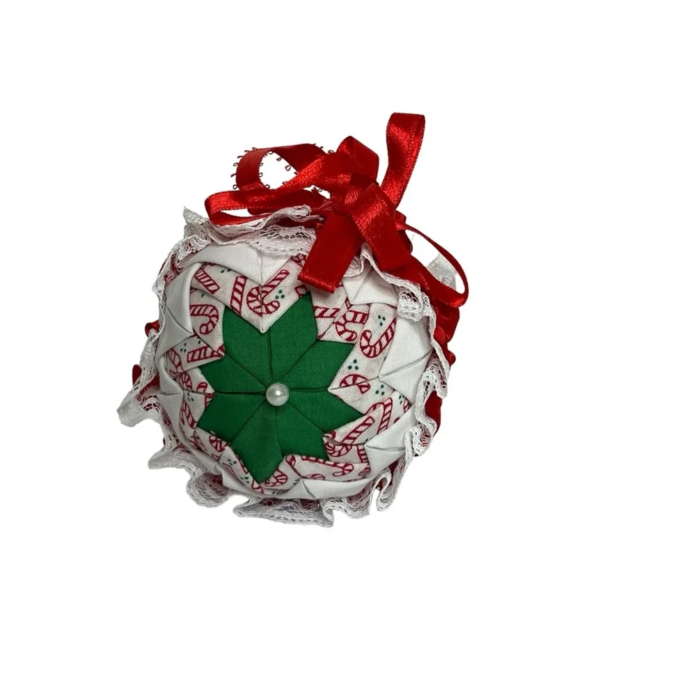 Vintage Handmade Folded Fabric Multicolor Christmas Ball‎ Ornaments Set of 7